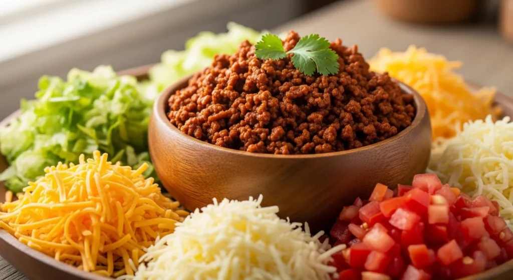 Bowl of cooked taco meat with fresh toppings.