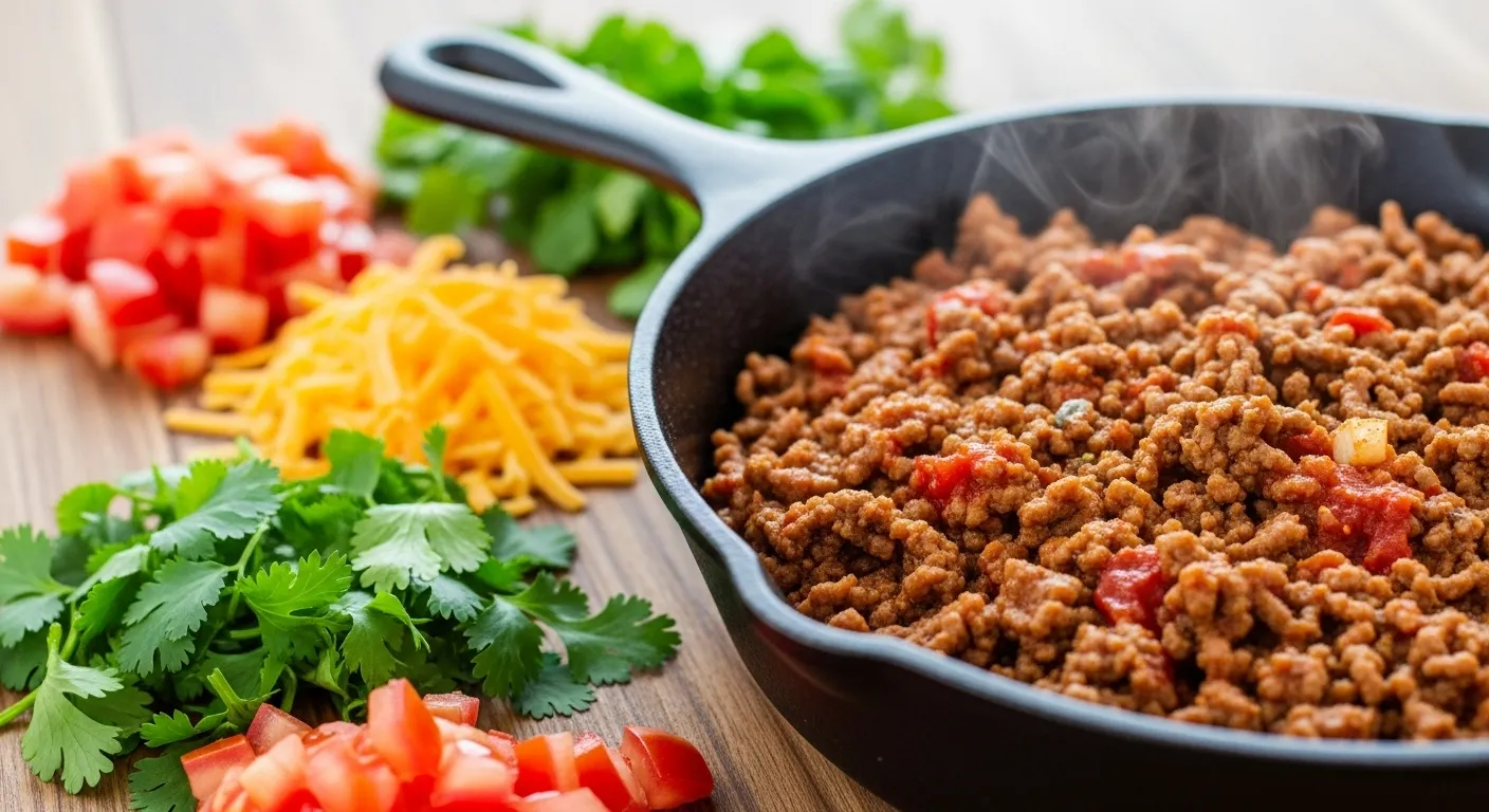 Close-up of seasoned taco meat in a skillet.