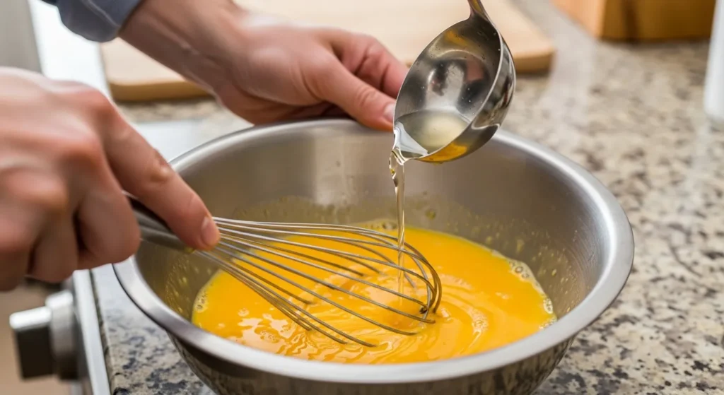 Step of tempering eggs by adding hot liquid while whisking.