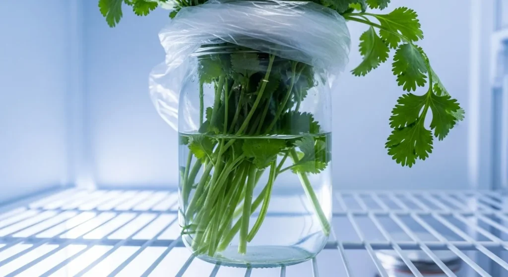 Bunch of cilantro in a glass jar with water, covered by a plastic bag.