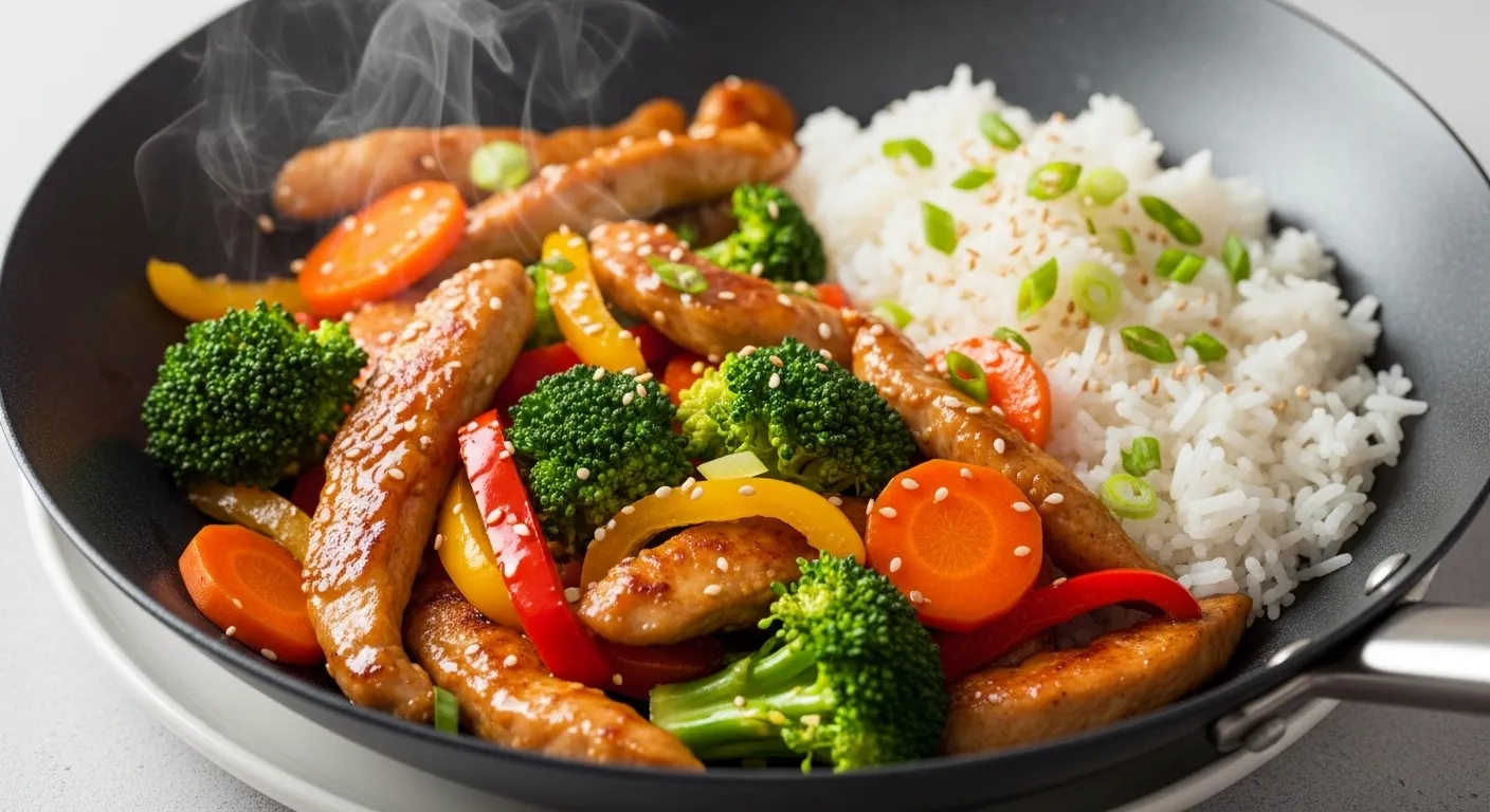 Thumbnail of chicken stir fry with veggies and rice.