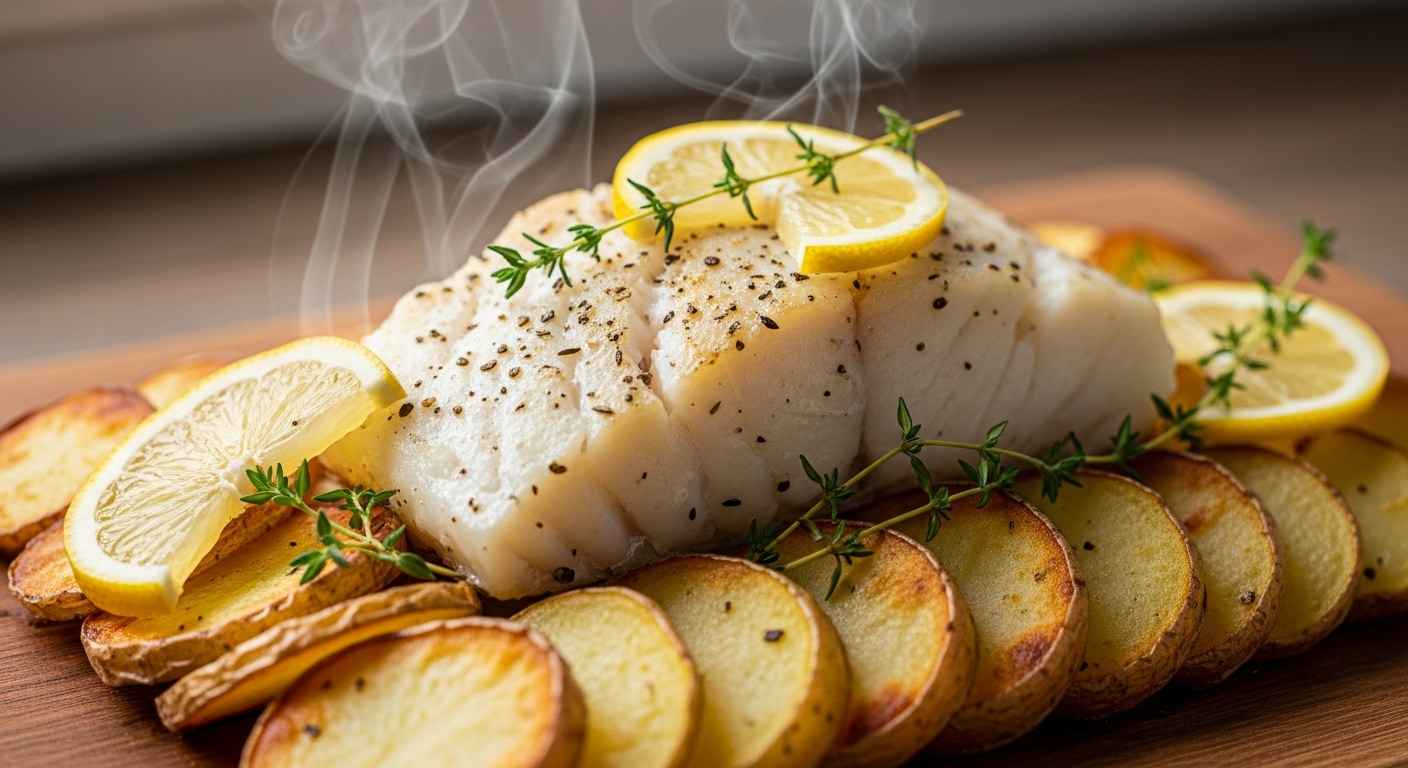 Flaky cod on golden roasted potatoes