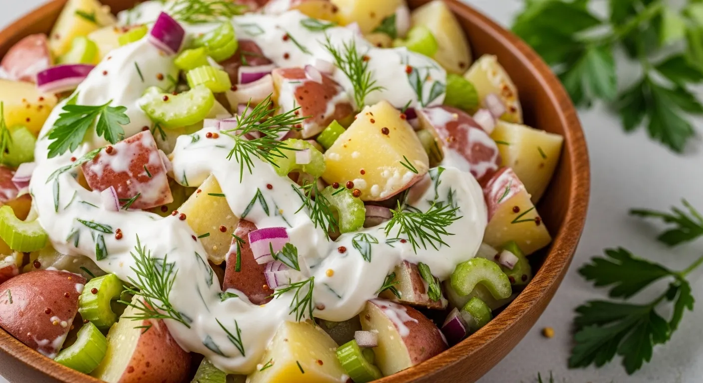 Thumbnail image of no-mayo potato salad recipe.