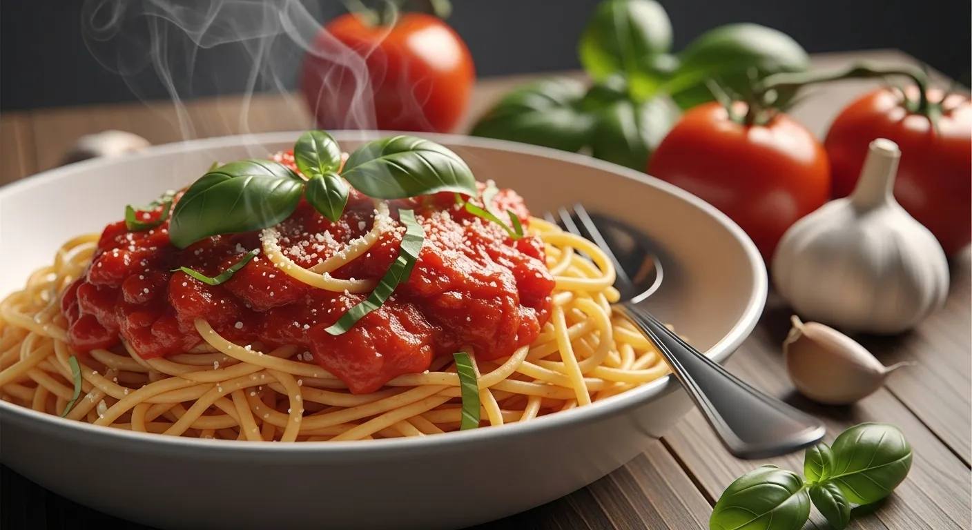 Bowl of spaghetti in red tomato sauce with basil