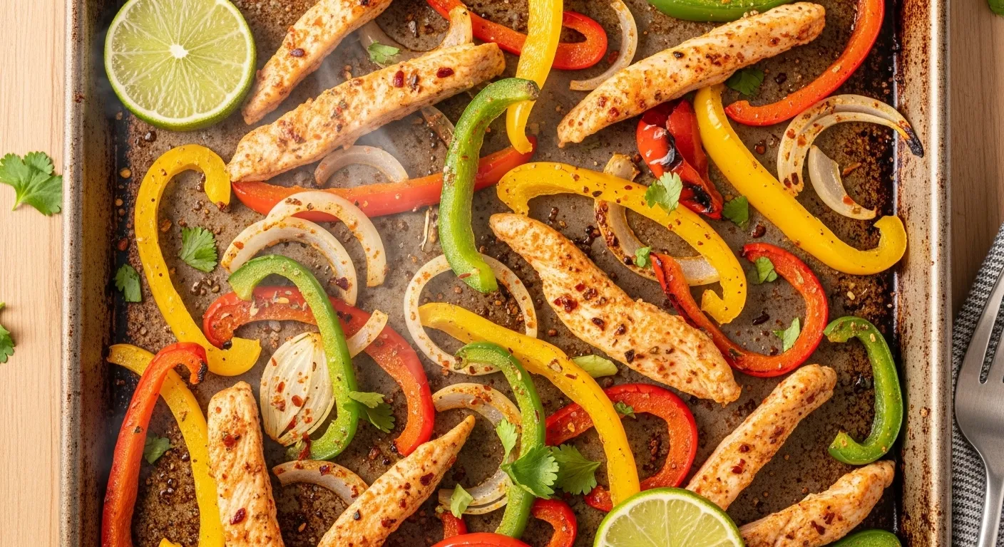 Close-up of baked chicken fajitas with bell peppers and onions.