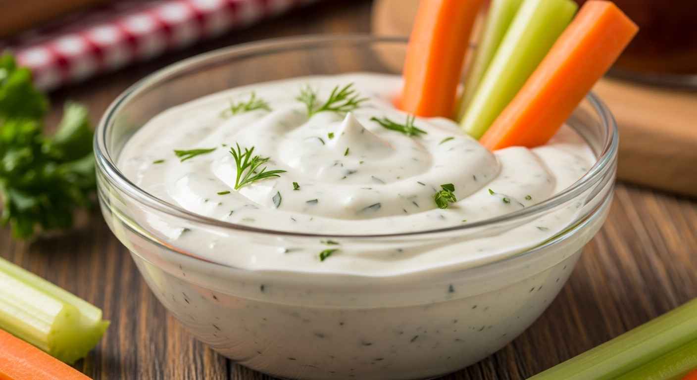 Homemade creamy ranch dressing in bowl with vegetable dips.