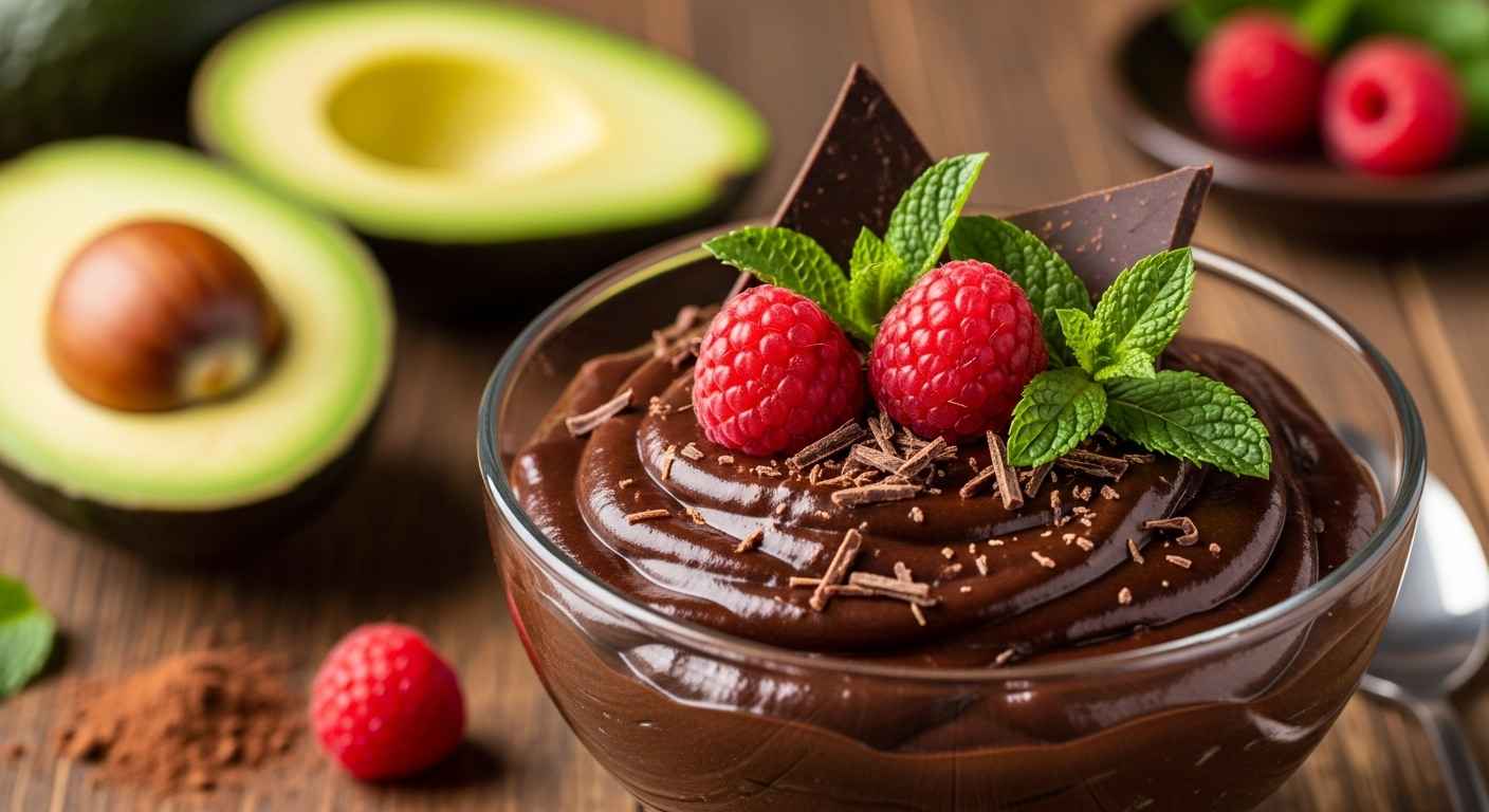 Close-up of creamy vegan chocolate mousse with avocado.