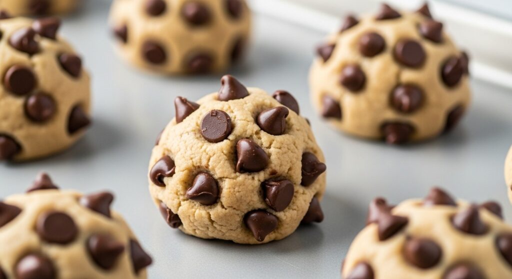 Toll House chocolate chip cookie dough on baking sheet