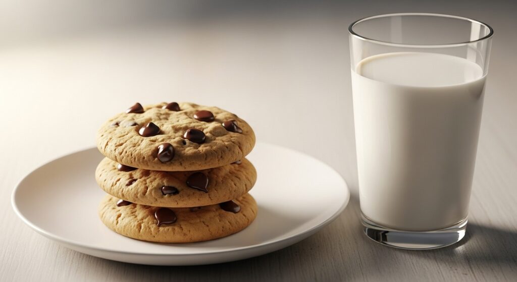 Plate of Toll House chocolate chip cookies next to glass of milk
