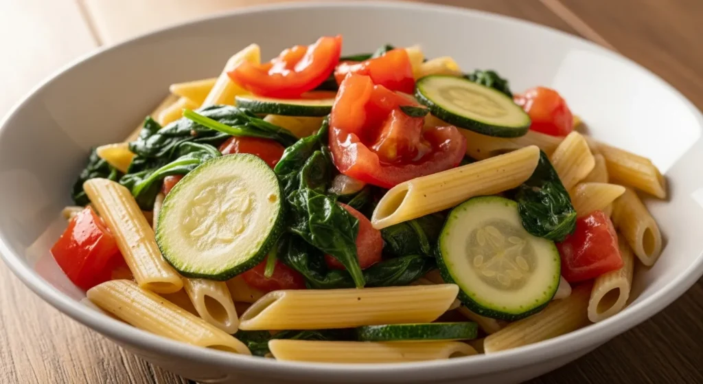 Bowl of penne pasta with tomatoes and zucchini.