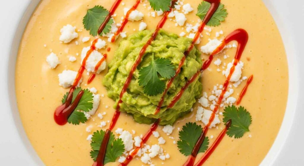 Bowl of homemade Torchy’s queso with cotija and cilantro.