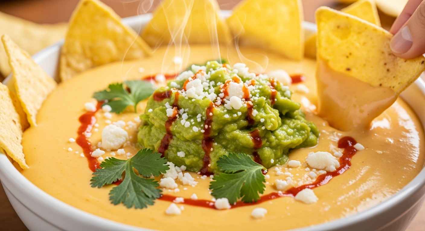Close-up of homemade Torchy’s queso with guac and chips.