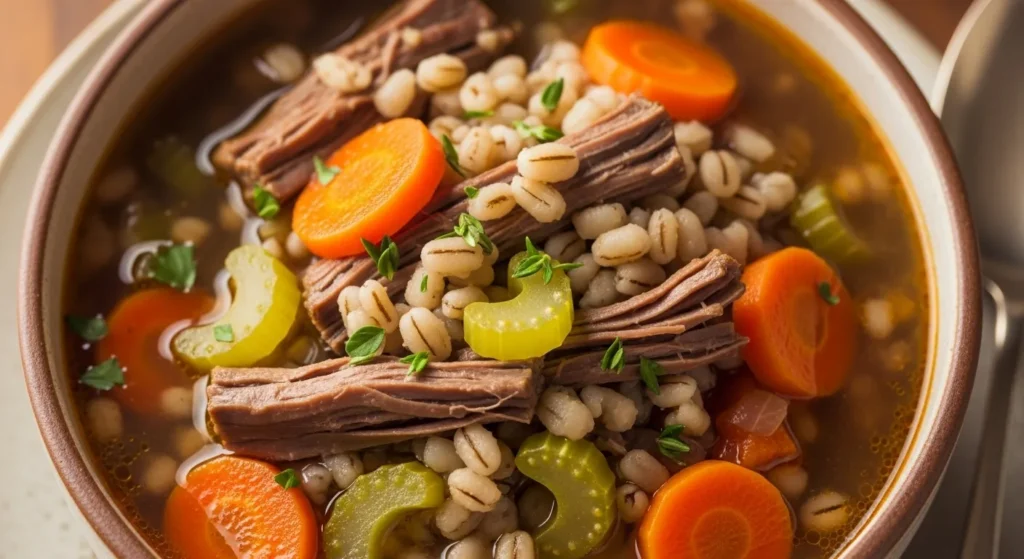 Bowl of tri-tip beef and barley soup with carrots, celery, and herbs.