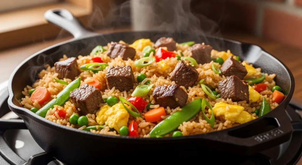 Tri-tip fried rice with mixed vegetables, scrambled egg, and green onions in a skillet.