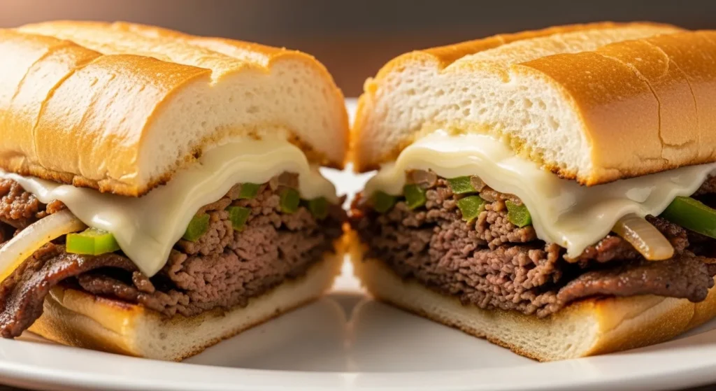 Philly cheesesteak sandwich with tri-tip, provolone cheese, bell peppers, and onions on a hoagie roll.