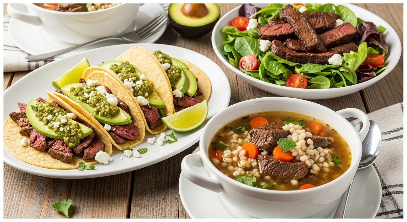 Thumbnail of leftover tri-tip dishes including tacos, salad, and soup.