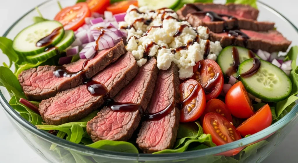 Tri-tip salad with mixed greens, cherry tomatoes, cucumber, red onion, and feta in a bowl.