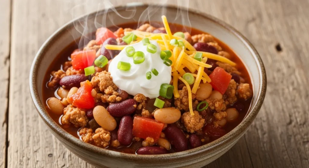 Bowl of ground turkey chili with beans and tomatoes.