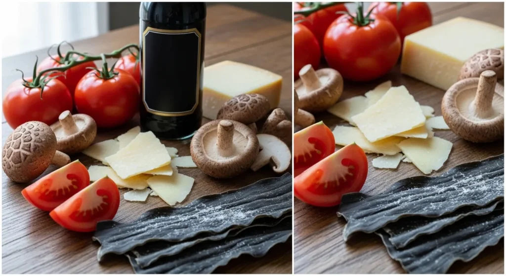 Collage of umami-rich foods like tomatoes, cheese, and mushrooms.