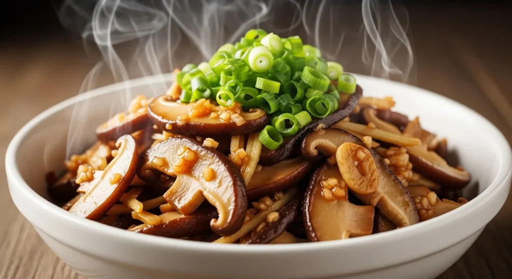 Bowl of cooked shiitake mushrooms with soy sauce.