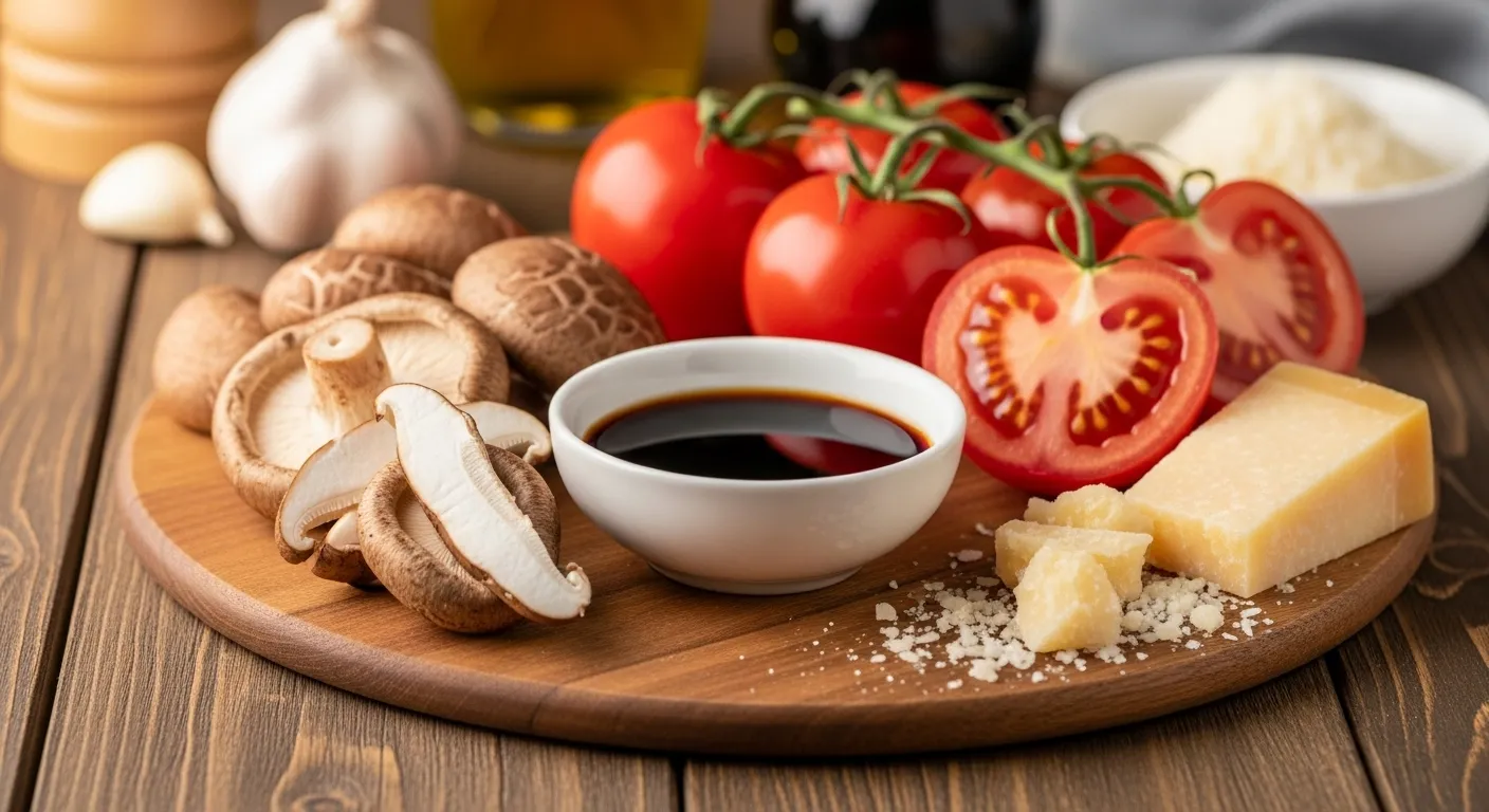 Colorful display of umami foods like mushrooms and tomatoes.
