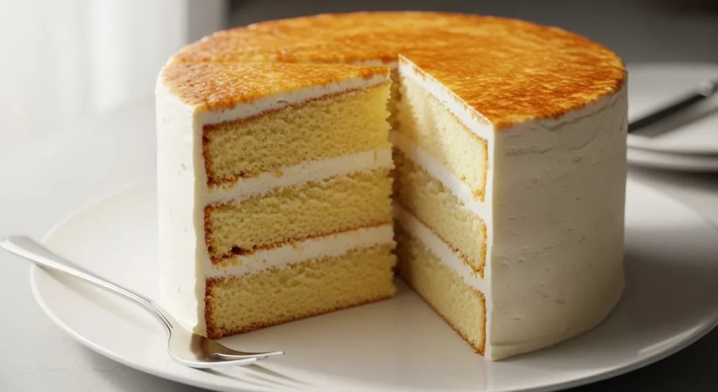 Sliced homemade vanilla cake on plate showing even rise