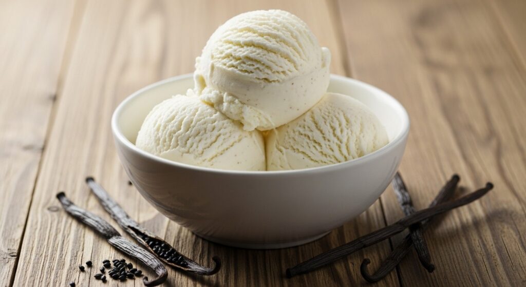Creamy vanilla ice cream made in Cuisinart maker.