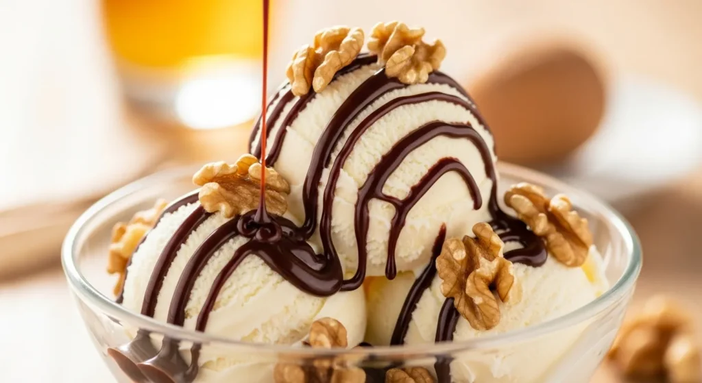 Bowl of vanilla ice cream with drizzled sauce and sprinkles.