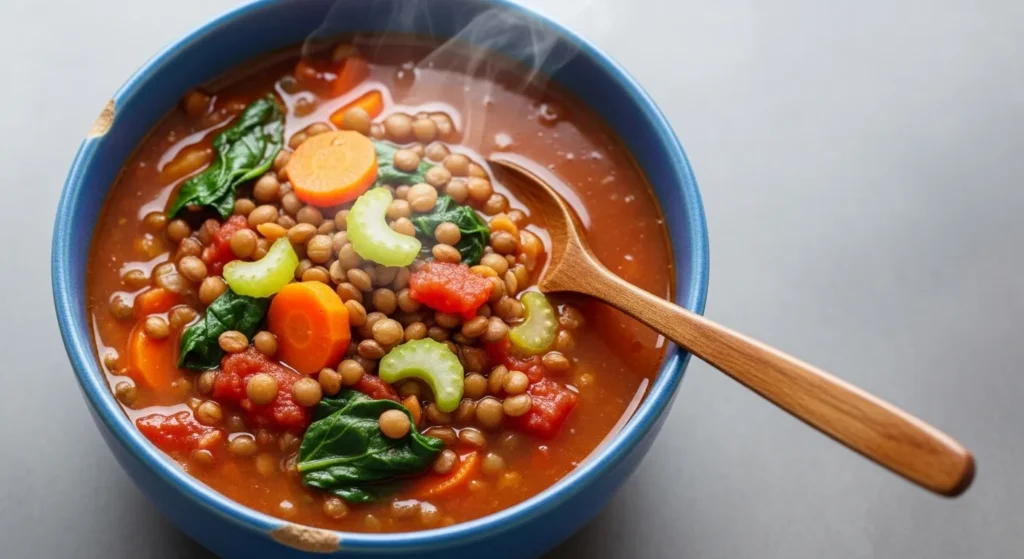 Bowl of lentil soup with vegetables and spices.