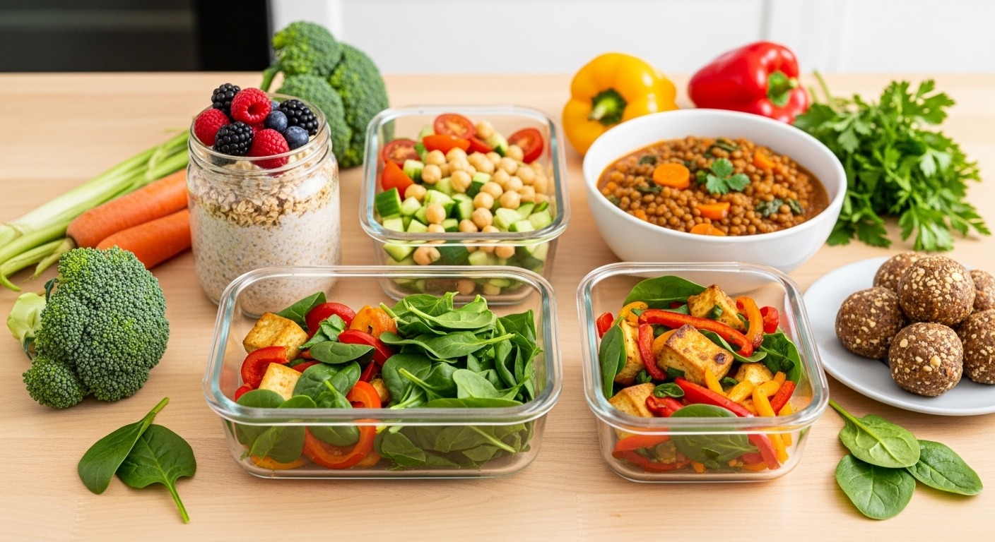 Thumbnail of easy vegetarian meal prep recipes in containers.