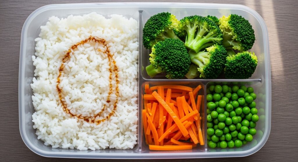 Bowl of mixed vegetables and rice for meal prep.