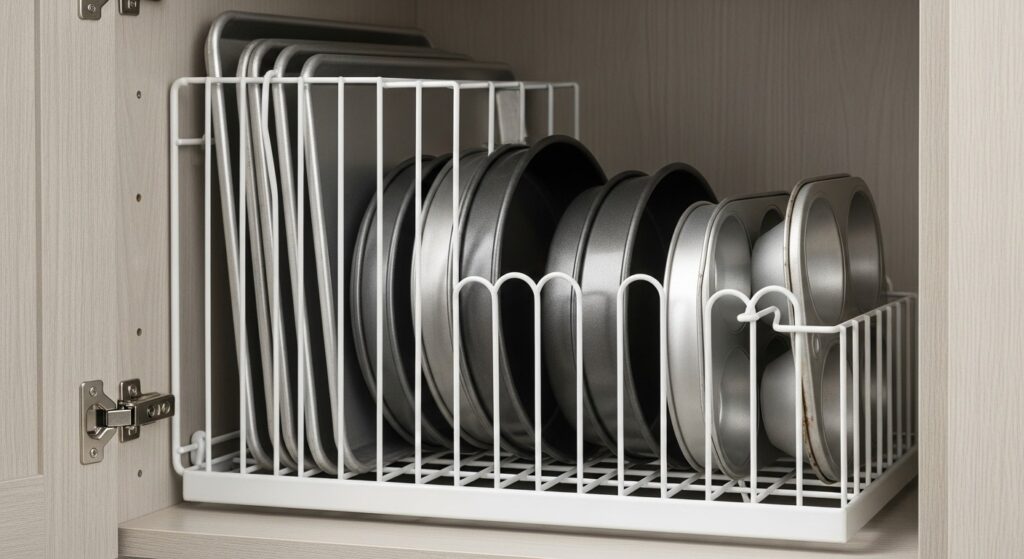Vertical organizer holding baking sheets and pans in kitchen cabinet.