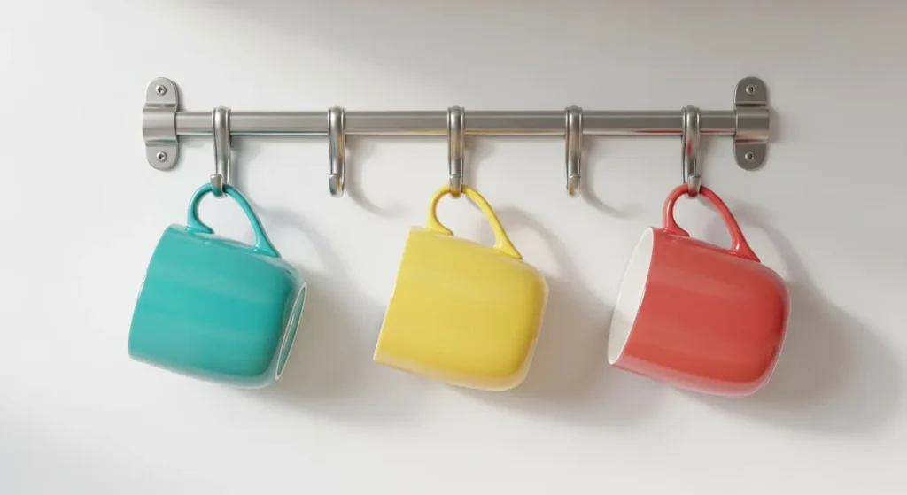 White kitchen wall with metal hooks holding colorful mugs