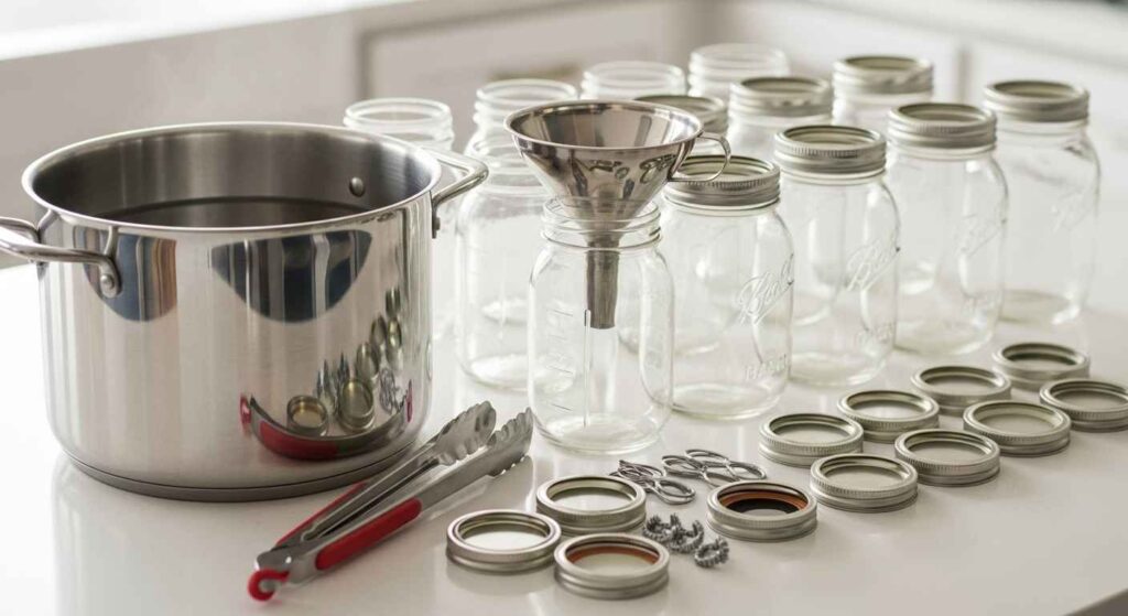 Water bath canning pot with jars, lids, and canning tools arranged on counter