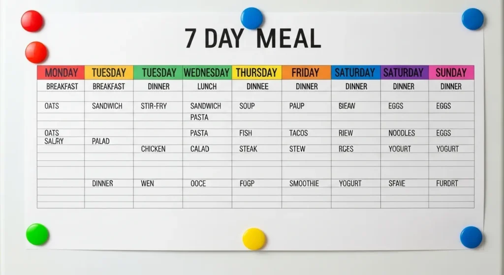 Printed weekly meal plan calendar pinned to a refrigerator door
