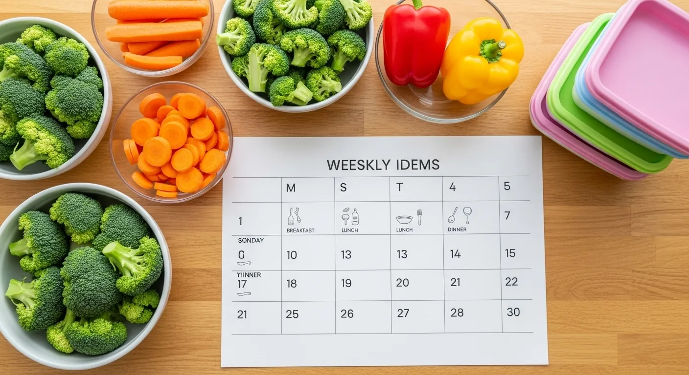 Colorful kitchen table with fresh veggies, calendar, and prep containers for meal planning.