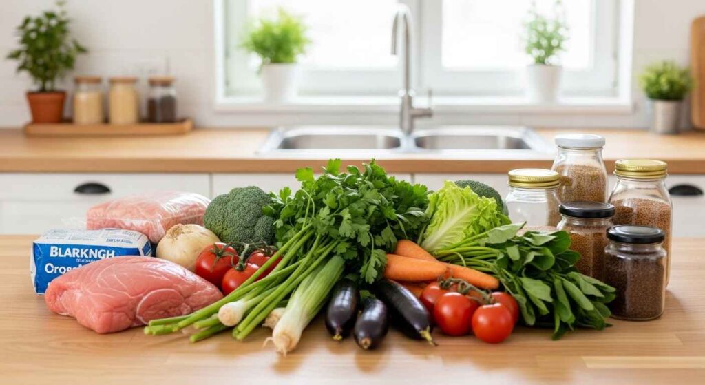 Organized grocery items on kitchen counter sorted by food categories