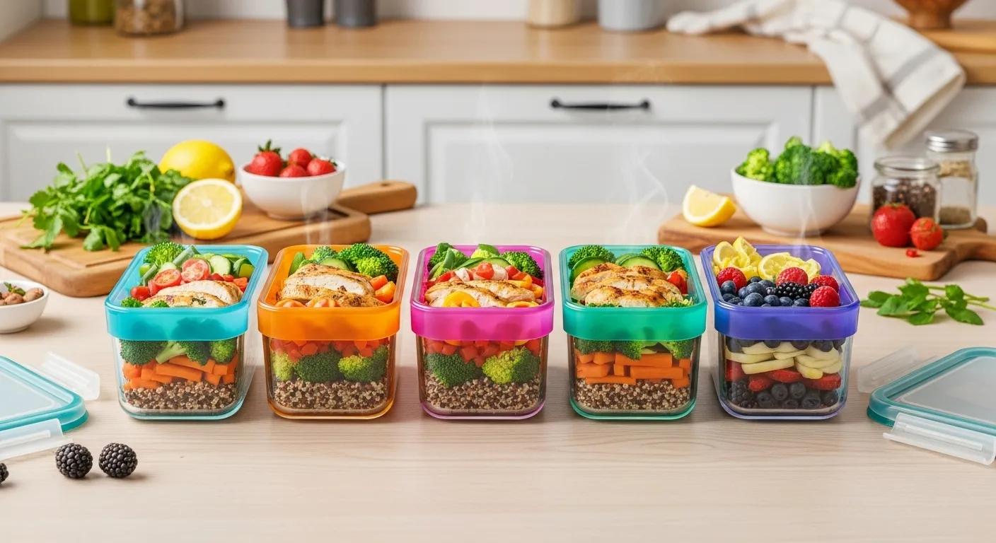 Colorful meal prep containers with healthy foods on kitchen counter.