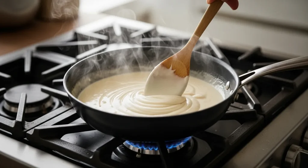 Creamy white sauce after thickening on stove.