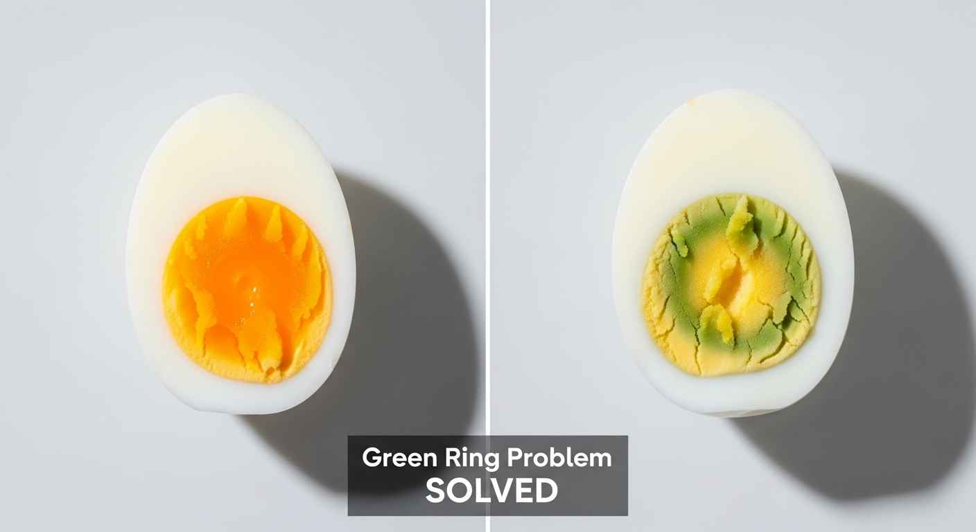 Comparison thumbnail showing perfect yellow yolk hard-boiled egg next to egg with green ring problem