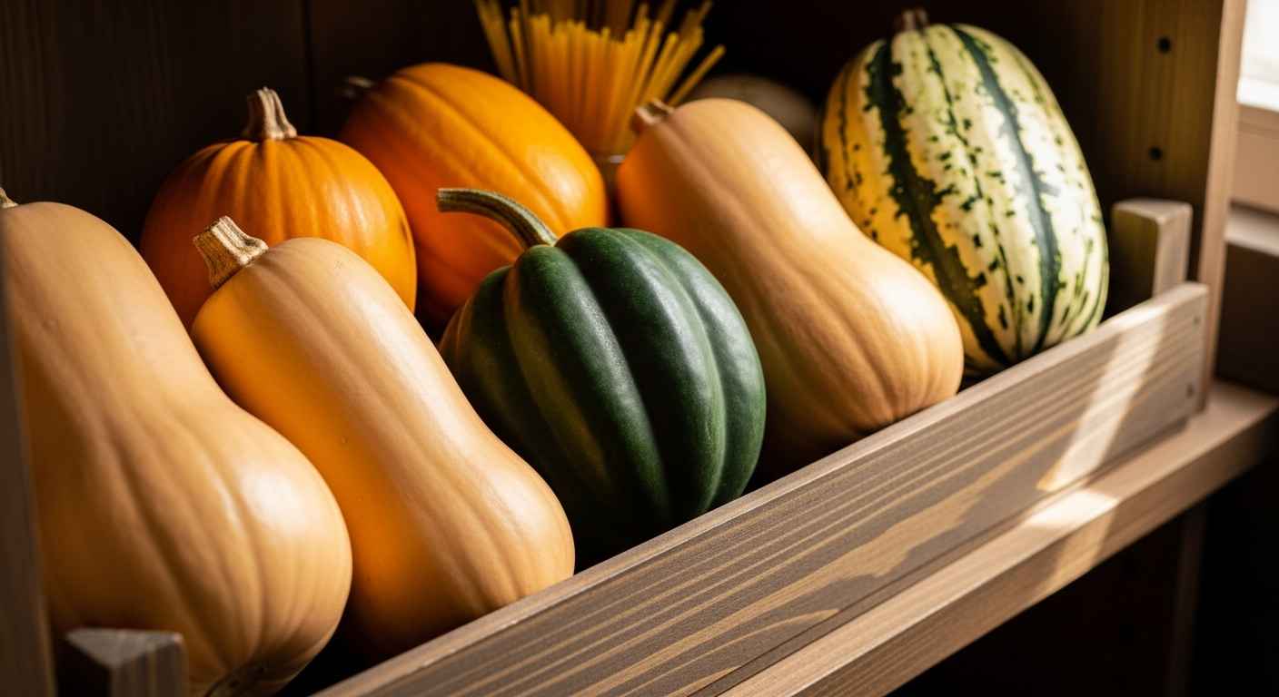 Variety of winter squash in a crate for storage guide.