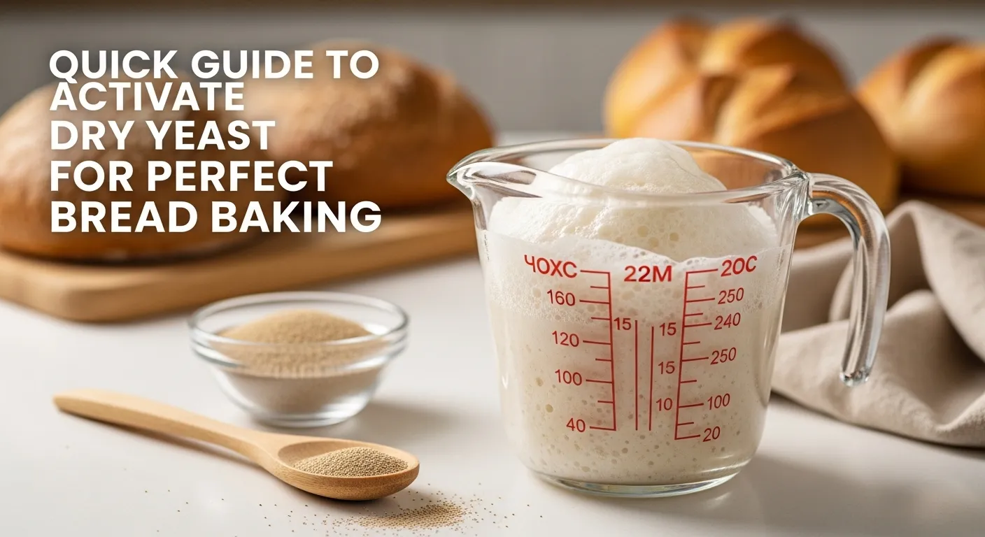Close-up of bubbly yeast mixture with bread in background