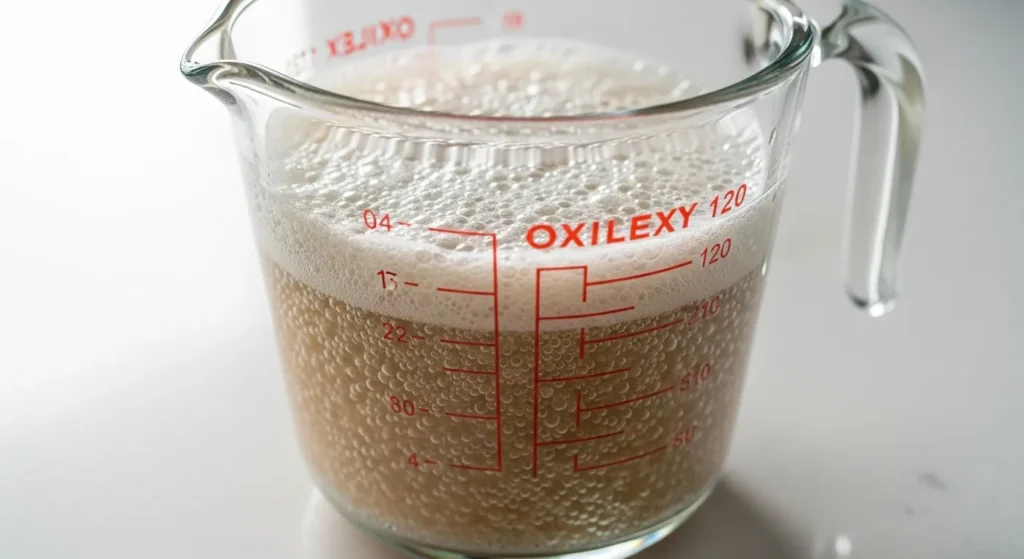 Close-up of a foamy yeast mixture in a glass measuring cup