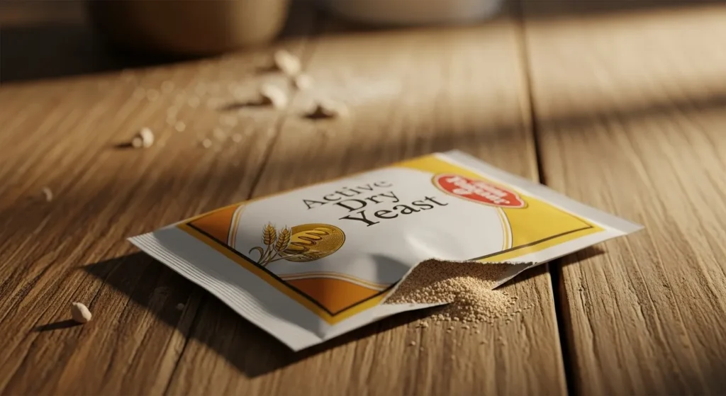 Open packet of active dry yeast on a wooden kitchen table