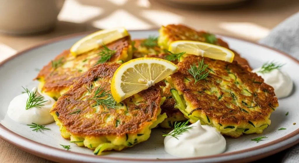 Zucchini fritters with dill and lemon.